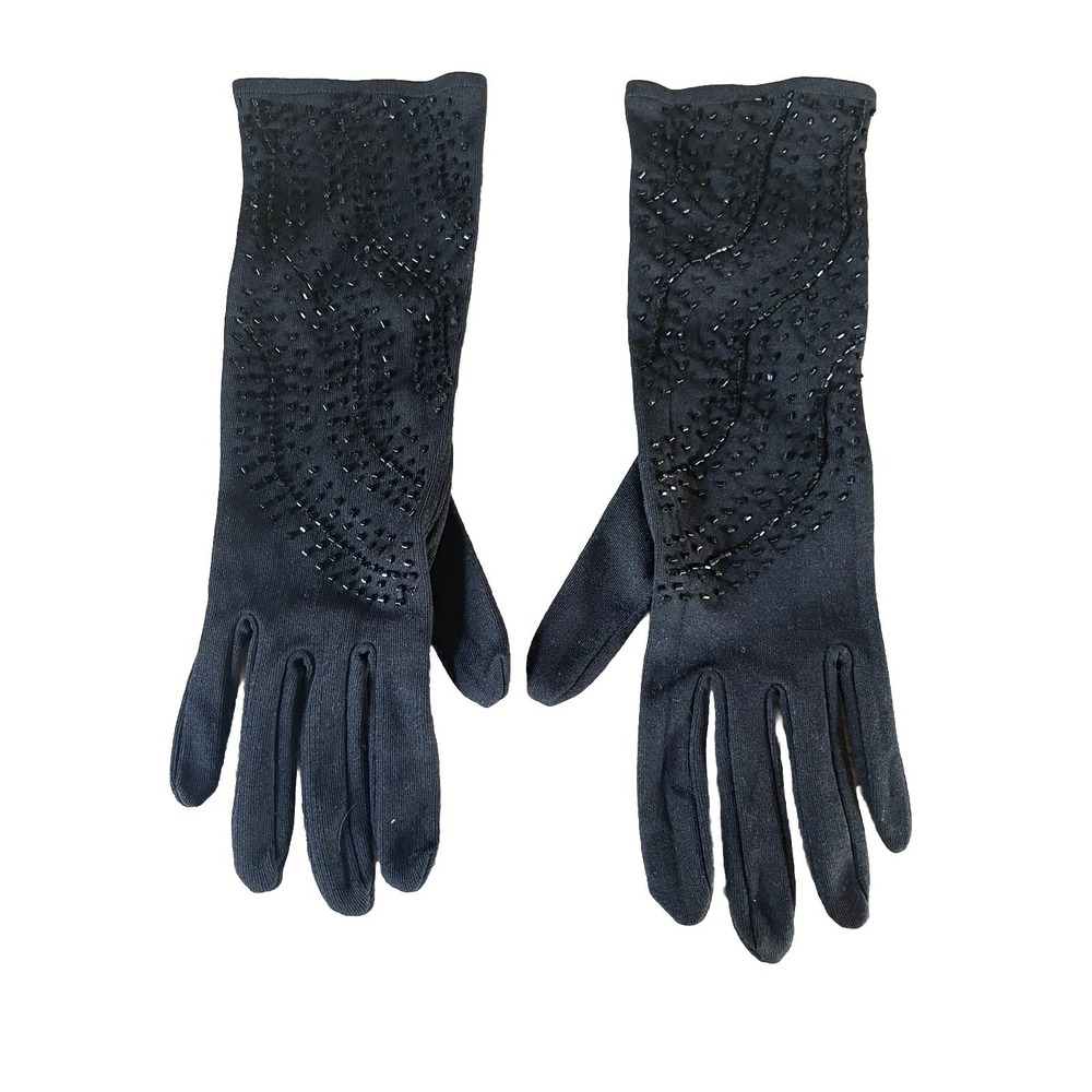 Vintage Beaded Black Stretch Nylon‎ Formal gloves Made In Hong Kong Small-XSmall